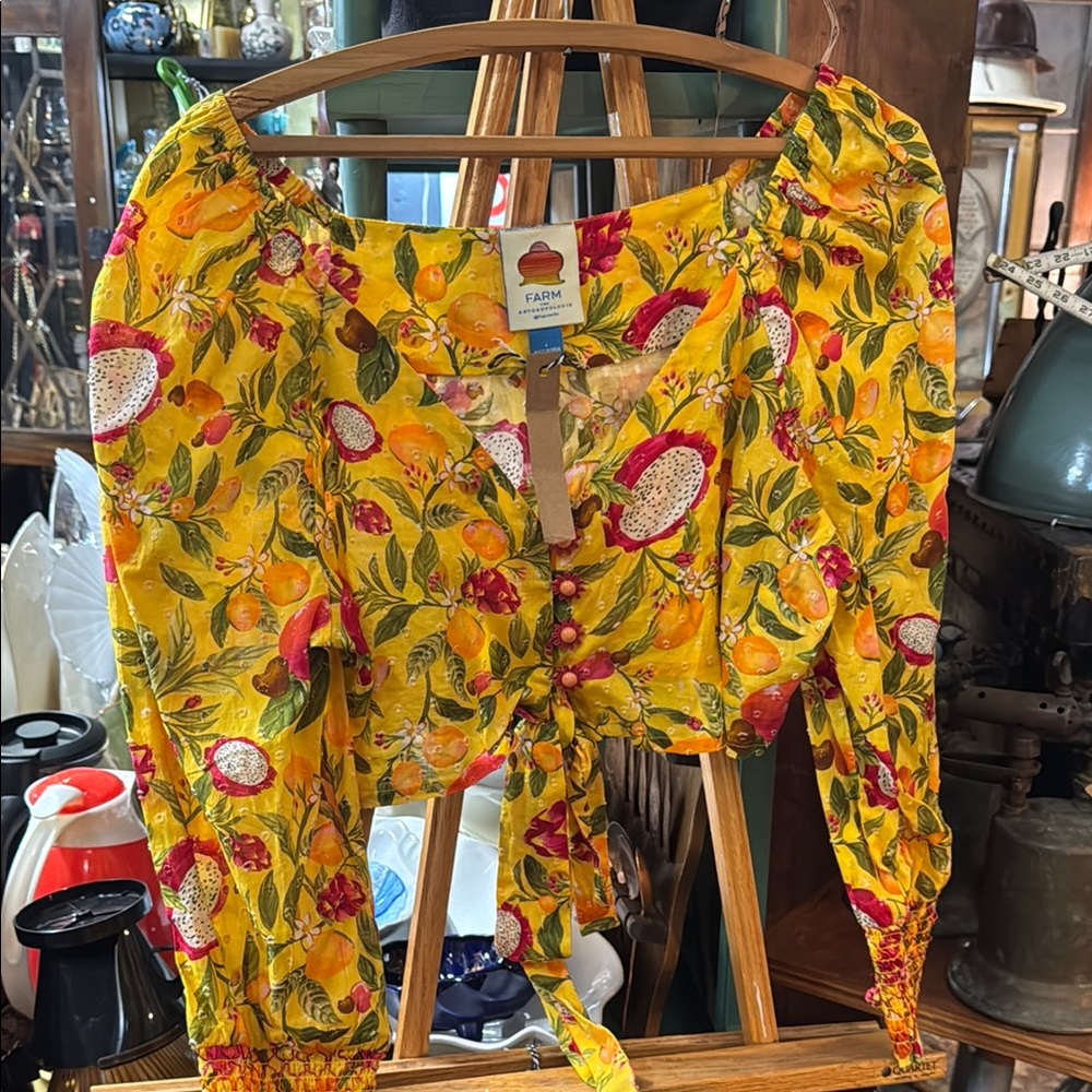 FARM Rio Yellow Puff Sleeve Blouse with Tie Front